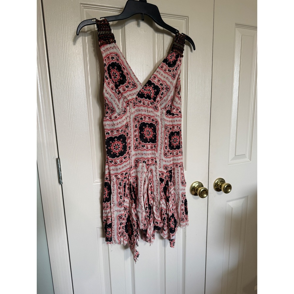 Farm Rio Womens Red Black Tile Print Beaded Strap Handkerchief Hem Mini Dress